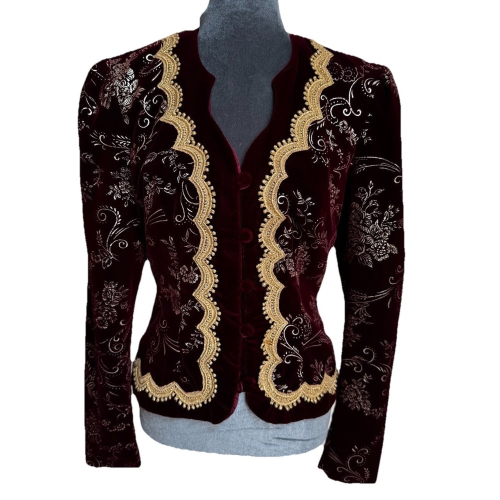 Vtg 80s J McClintock Blazer Burgundy Gold Velvet Victorian Regencycore Boho - Picture 15 of 16
